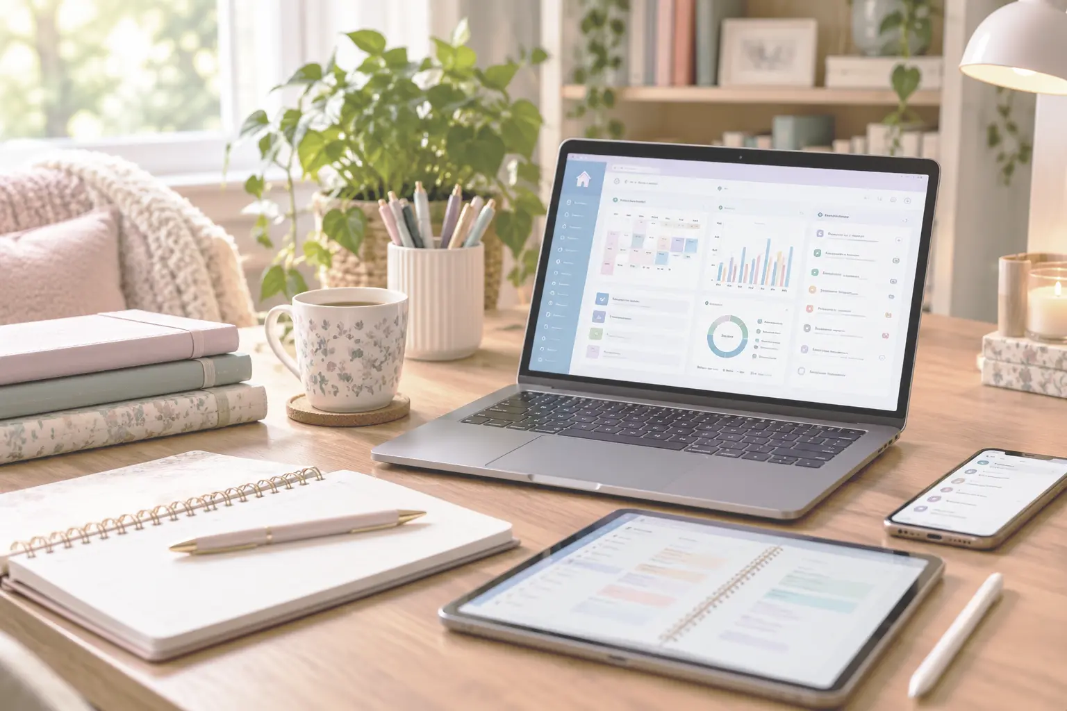 A laptop, notebook and phone on a tidy desk