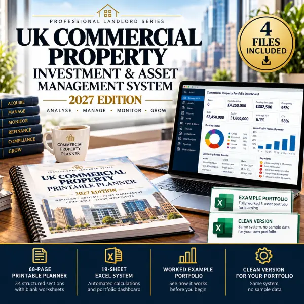 UK Commercial Property Investment & Asset Management System, 2027 edition: printable planner and Excel system, four files included