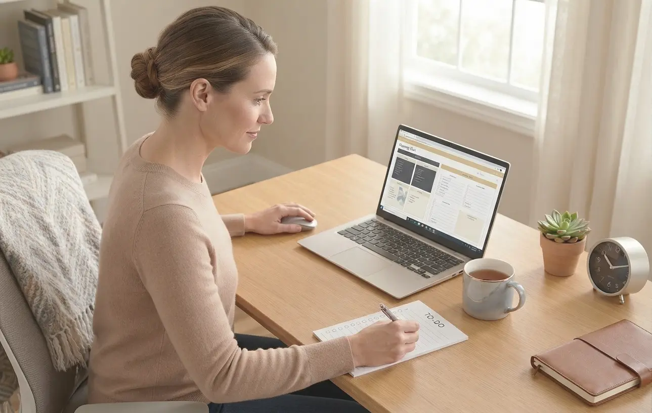 A teacher working at a laptop with a notebook